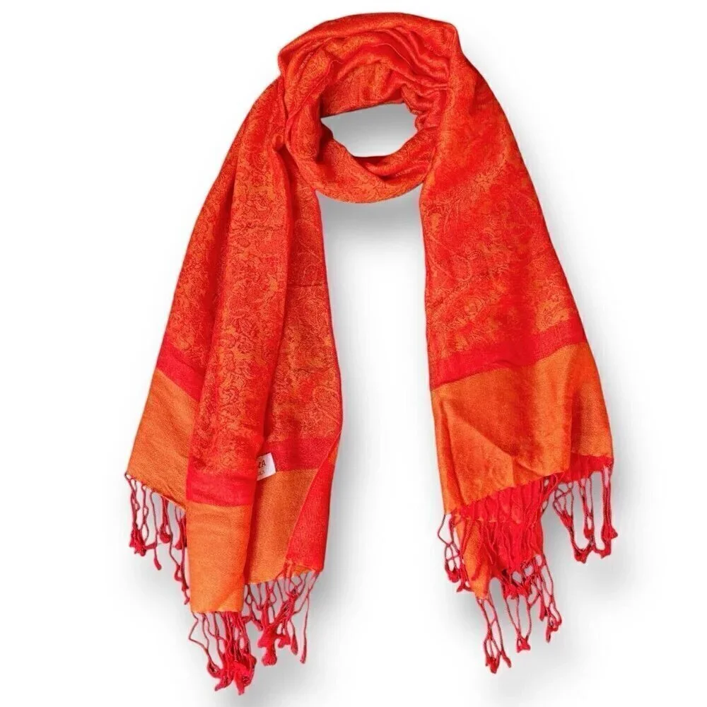 Womens Pashmina Silk Scarf Orange Red Paisley Boho Fringe Oversized Artsy